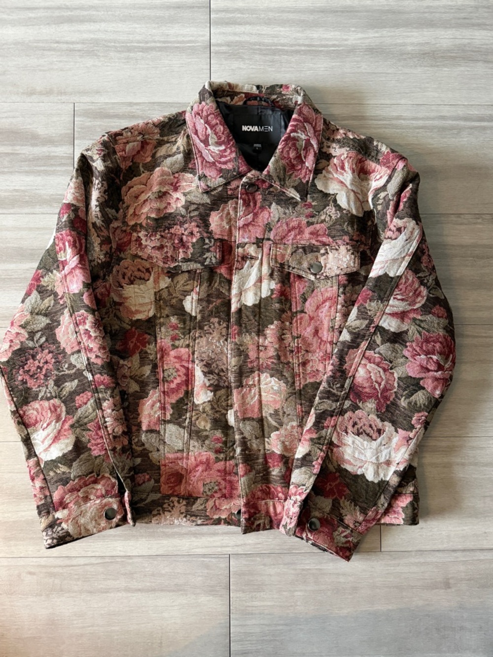 Floral Jacquard Trucker Jacket - Pink & Brown (LARGE)